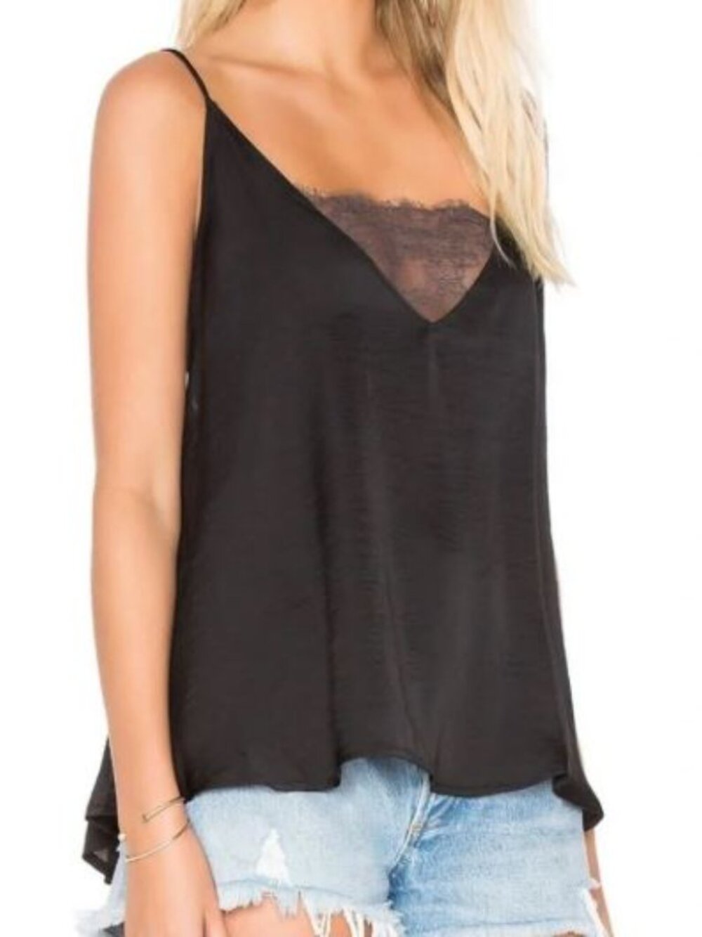 Free People Black Satin Deep V-Neck Cami with Lace Bandeau Women's Size M
